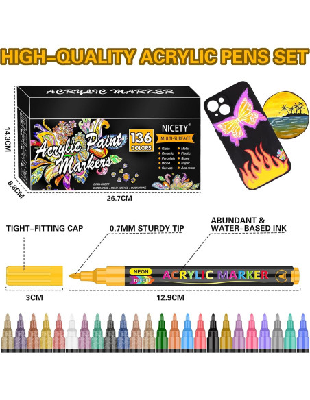 Marcadores de Pintura Acrílica NICETY 136 Colores Punta Fina