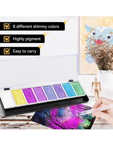 Set de Acuarelas Metálicas LIGHTWISH, 8 Colores Brillantes