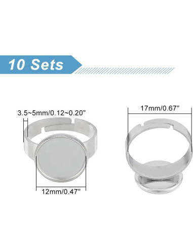 50 Bases de Anillo Ajustables UNICRAFTALE Acero Inoxidable 12mm