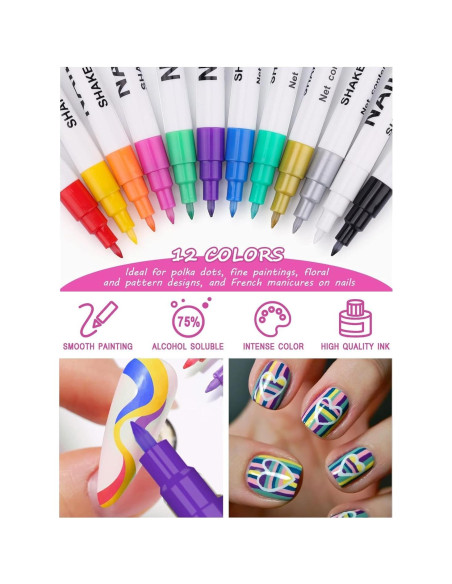 Set de 12 Lápices para Arte de Uñas Kalolary - Colores Vibrantes
