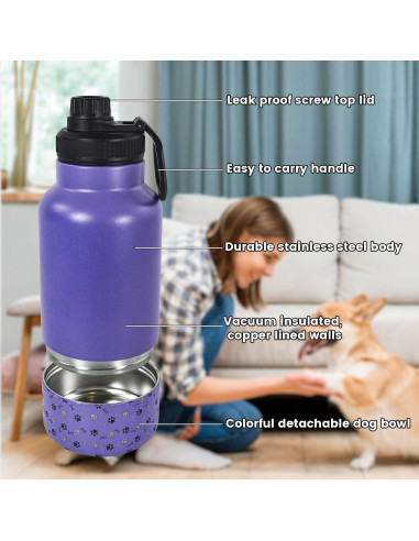 Botella de Agua Portátil para Perros AGH 946ml con Tazón Morado