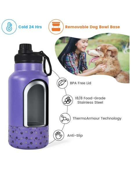 Botella de Agua Portátil para Perros AGH 946ml con Tazón Morado