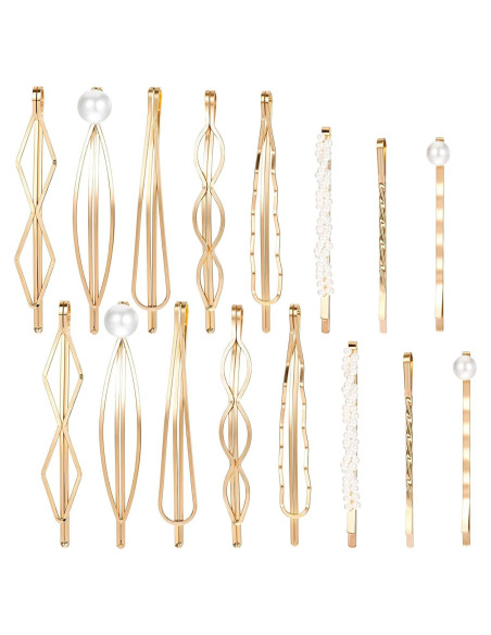 Juego de 16 Horquillas Doradas Geométricas Teaaha con Perlas