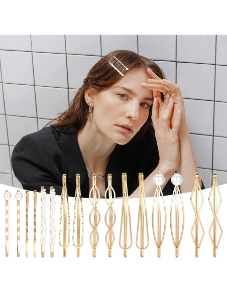 Juego de 16 Horquillas Doradas Geométricas Teaaha con Perlas
