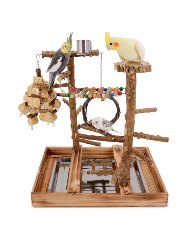 Parque de Aves LIMIO con Soporte de Madera y 2 Tazas de Acero