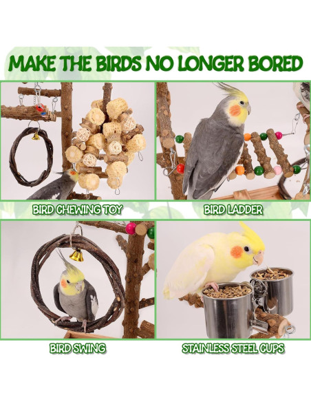 Parque de Aves LIMIO con Soporte de Madera y 2 Tazas de Acero