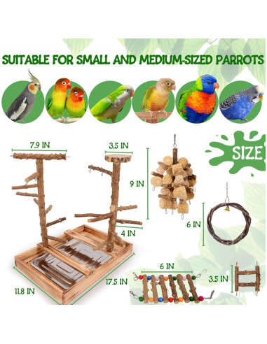 Parque de Aves LIMIO con Soporte de Madera y 2 Tazas de Acero