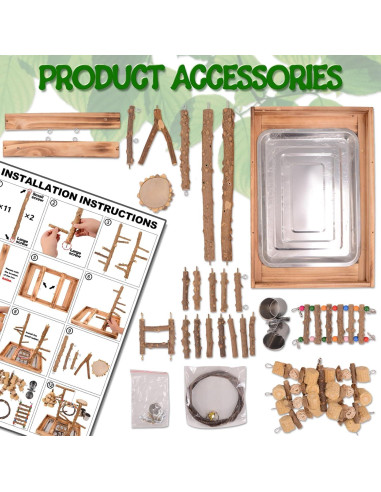 Parque de Aves LIMIO con Soporte de Madera y 2 Tazas de Acero