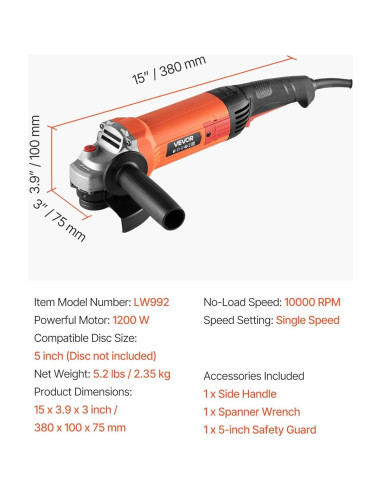 Amoladora Angular VEVOR 1200W 5" 10000RPM con Protector Ajustable