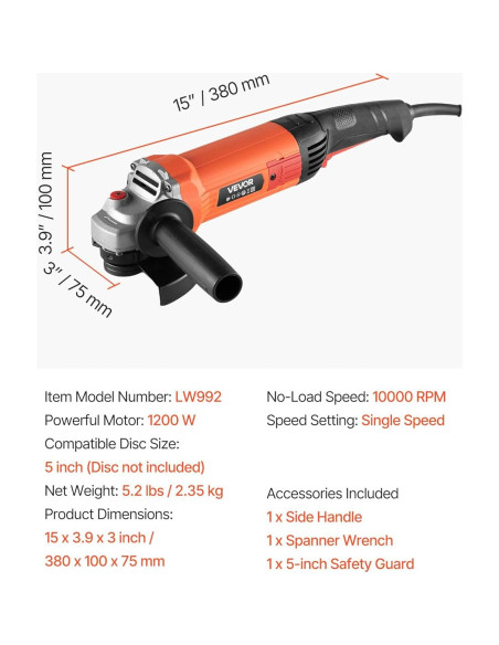 Amoladora Angular VEVOR 1200W 5" 10000RPM con Protector Ajustable