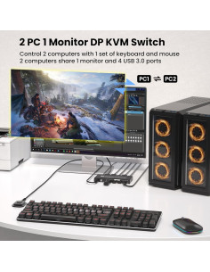 Interruptor KVM DisplayPort 2 PCs 1 Monitor 8K 60Hz USB 3.0 2