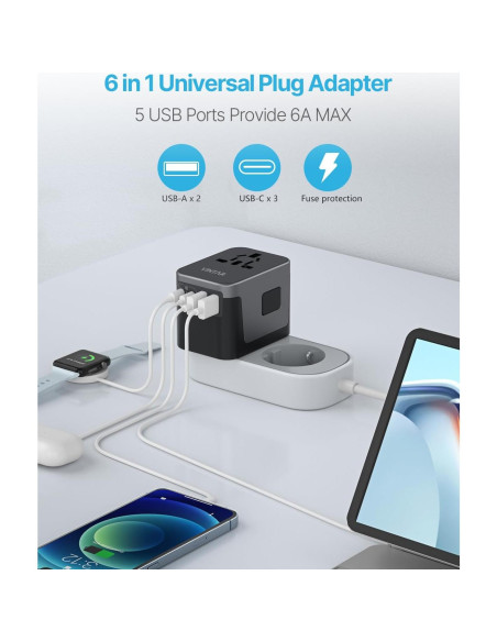 Adaptador de Viaje Universal VINTAR 6A 5 Puertos USB 30W