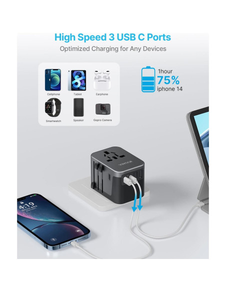 Adaptador de Viaje Universal VINTAR 6A 5 Puertos USB 30W