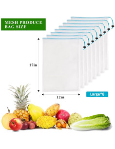 8 Bolsas de Malla Reutilizables JSVSLTD Azules Grandes 30.48x43.18cm 2