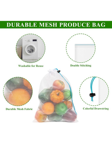 8 Bolsas de Malla Reutilizables JSVSLTD Azules Grandes 30.48x43.18cm