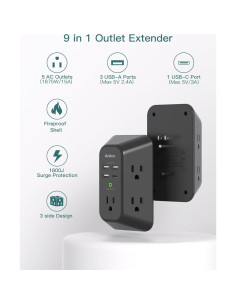 Extensor de Enchufe Addtam 5 Salidas 4 USB 1800J Protector 2