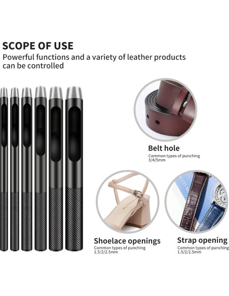 Juego de 6 Perforadores de Agujeros de Cuero AsonTao 1.5-5mm Juego de 6 Perforadores de Agujeros de Cuero AsonTao 1.5-5mm