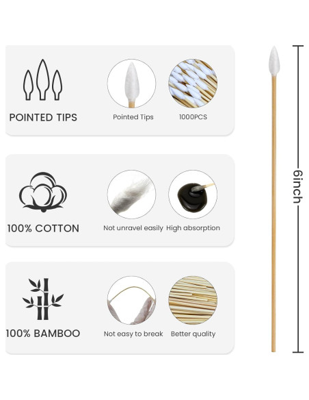 1000 Bastones de Limpieza de Algodón Point-Ring 15.24 cm