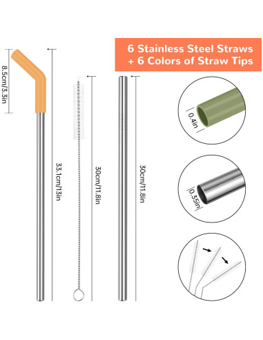Pajitas Reutilizables Tomorotec 6PCS Acero Inoxidable 33cm