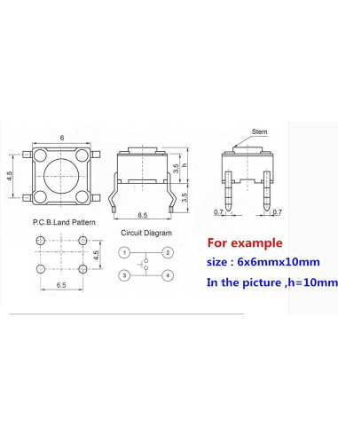 Interruptor Táctil Momentáneo 4 Pines DIP MURVE 100 Pcs 6x6x7mm