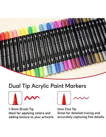 30 Marcadores de Pintura Acrílica Recheel, Punta Doble Fina y Brocha