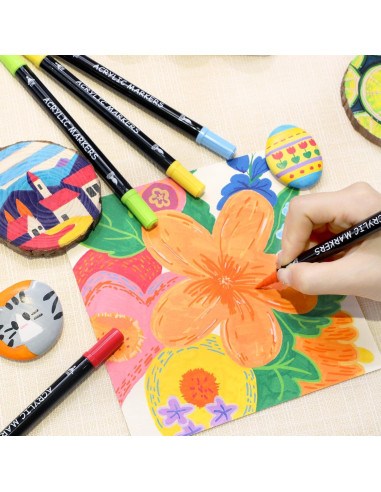 30 Marcadores de Pintura Acrílica Recheel, Punta Doble Fina y Brocha