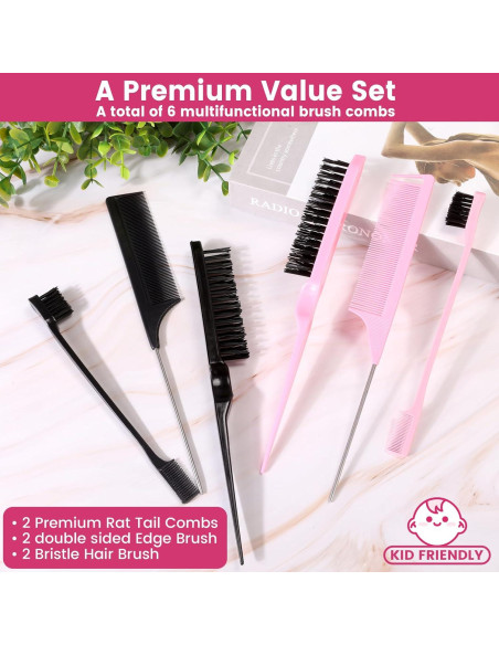 Set de 6 Peines y Cepillos para Estilizar Cabello EWAGOA - Negro y Rosa