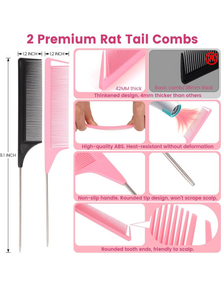 Set de 6 Peines y Cepillos para Estilizar Cabello EWAGOA - Negro y Rosa