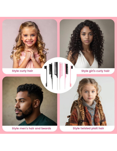 Set de 6 Peines y Cepillos para Estilizar Cabello EWAGOA - Negro y Rosa