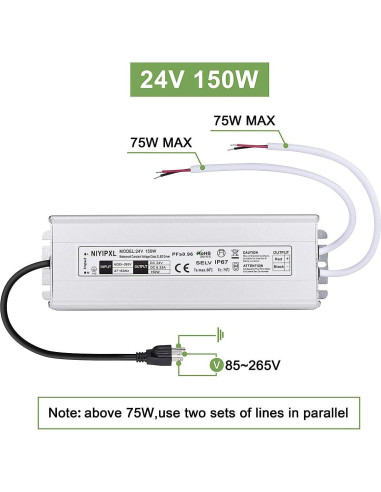 Transformador LED 150W 24V CC NIYIPXL Impermeable IP67