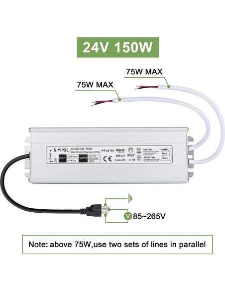 Transformador LED 150W 24V CC NIYIPXL Impermeable IP67