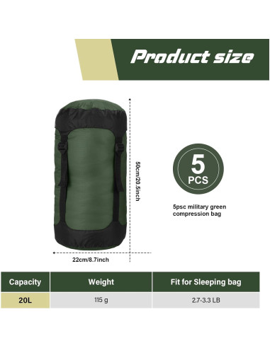 5 Sacos de Compresión GliCraft 20L Impermeables Verde Militar