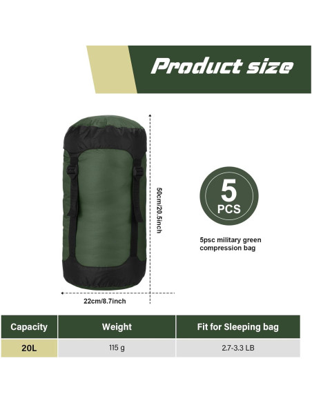 5 Sacos de Compresión GliCraft 20L Impermeables Verde Militar