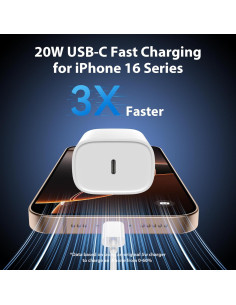 Cargador Rápido USB C 20W para iPhone 16 15 Pro Max 10FT 2