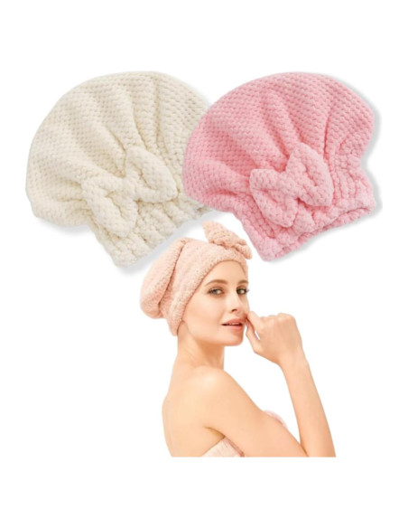 Gorro de Toalla de Microfibra Genérico - Set 2 Rosa y Blanco