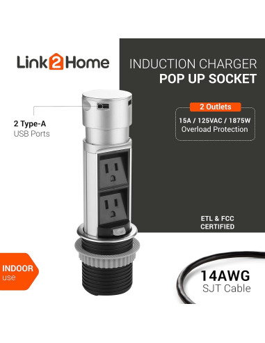 Estación de Enchufe Emergente Link2Home 2x15A + 2 USB 2.4A