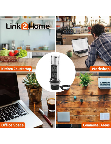 Estación de Enchufe Emergente Link2Home 2x15A + 2 USB 2.4A