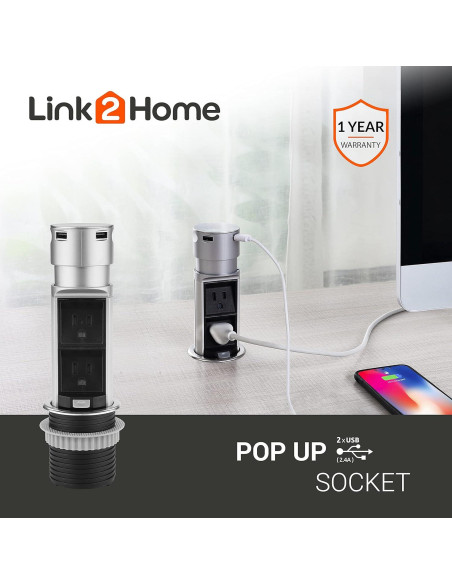 Estación de Enchufe Emergente Link2Home 2x15A + 2 USB 2.4A