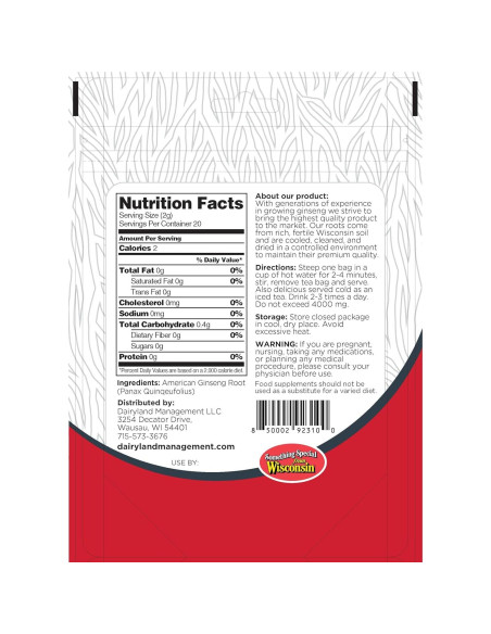 Bolsitas de Té de Ginseng Americano Dairyland 20 Unidades - Sin OGM