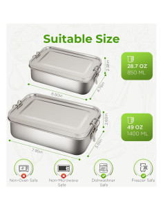 Caja de Almuerzo LEEPENK Acero Inoxidable 1400ml A Prueba de Fugas 2