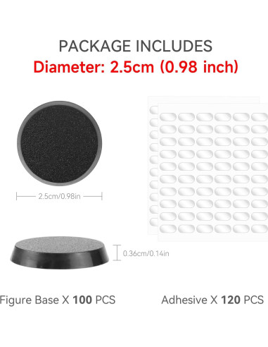 100 Bases Redondas de Plástico Negro 25mm + 120 Adhesivos
