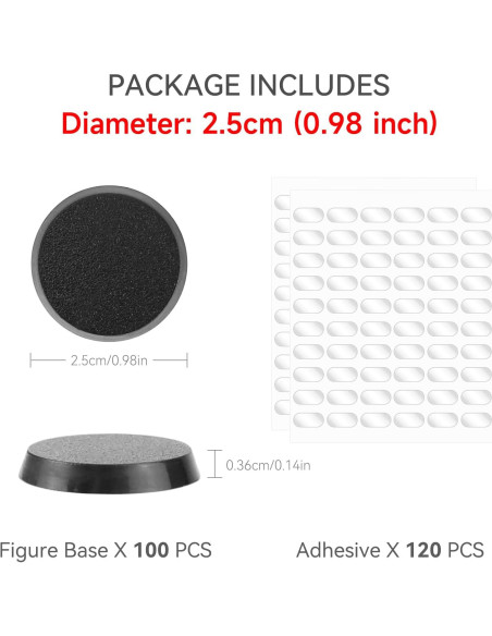 100 Bases Redondas de Plástico Negro 25mm + 120 Adhesivos