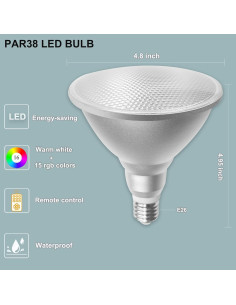 Bombilla LED Par38 30W E26 RGB y Blanco Cálido con Control Remoto 2