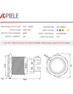 Interruptor Pulsador APIELE 19mm Metal LED Azul 12V CC 2