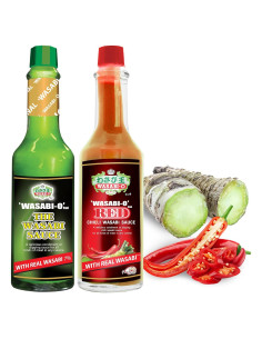 Conjunto de 2 Botellas de Salsa Picante Wasabi-O 117 g - Verde y Roja