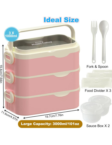 Caja Bento Kenuket Rosa 3 Capas 3000ml Apta Microondas