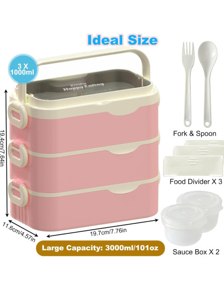 Caja Bento Kenuket Rosa 3 Capas 3000ml Apta Microondas