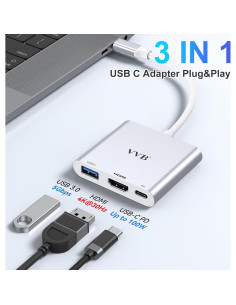 Adaptador USB C a HDMI 4K VVB 3 en 1 con USB 3.0 y Carga PD 2