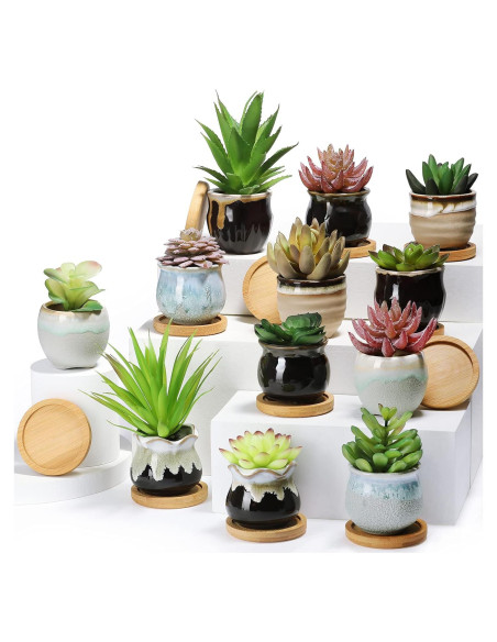 12 Macetas Cerámicas para Suculentas Remerry 2.5" con Drenaje
