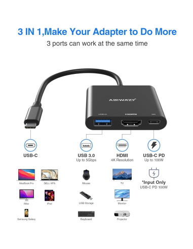 Adaptador USB C a HDMI 4K ABIWAZY con 100W PD y USB 3.0